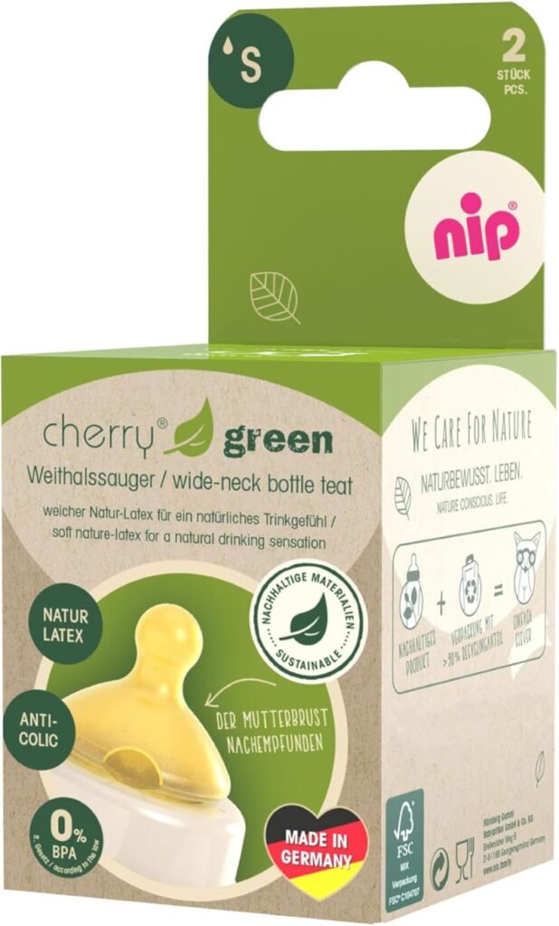 Nip Wide Neck Cherry Green Teat, Latex, 0m+, Flow S